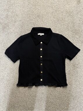LOFT Black Short-Sleeve Knit Polo with Gold Buttons